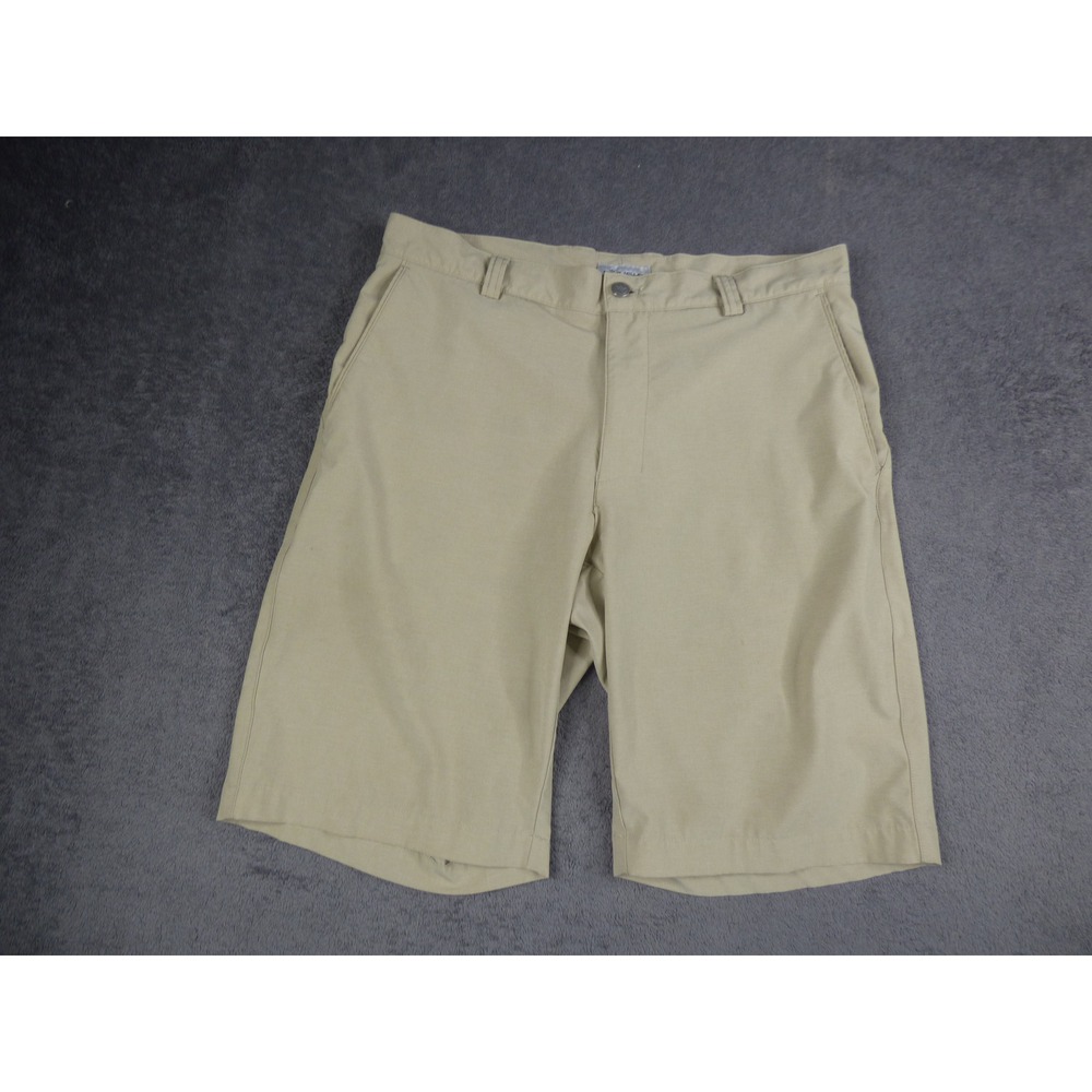 Peter Millar Mens Performance Golf Shorts Khaki Tan Blue Camo Lining Size 34